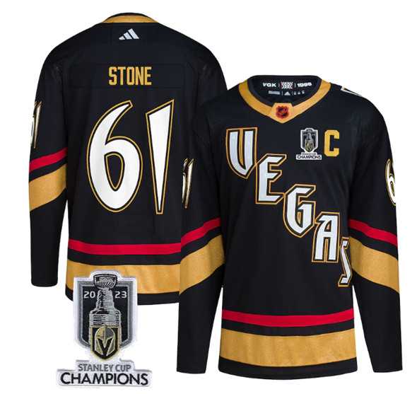 Mens Vegas Golden Knights #61 Mark Stone Black 2023 Stanley Cup Champions Reverse Retro Stitched Jersey